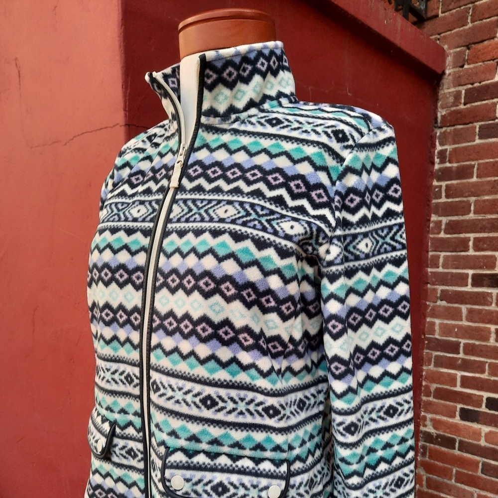 Talbots Medium Full Zip Polar Fleece Pocket Sweatshirt Geometric Print